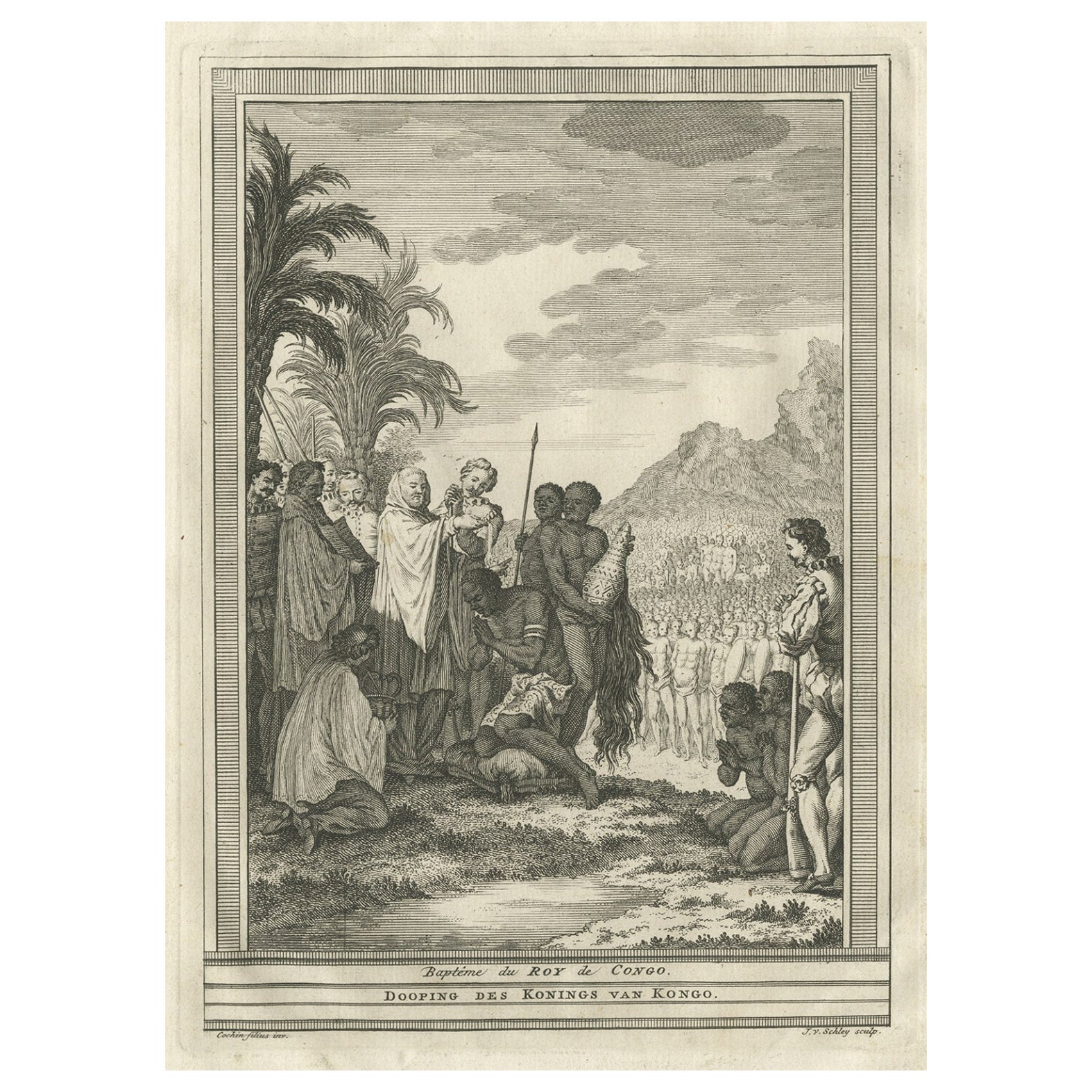 Antique Print of the Baptism of the King of Congo in Africa, 1747 For Sale