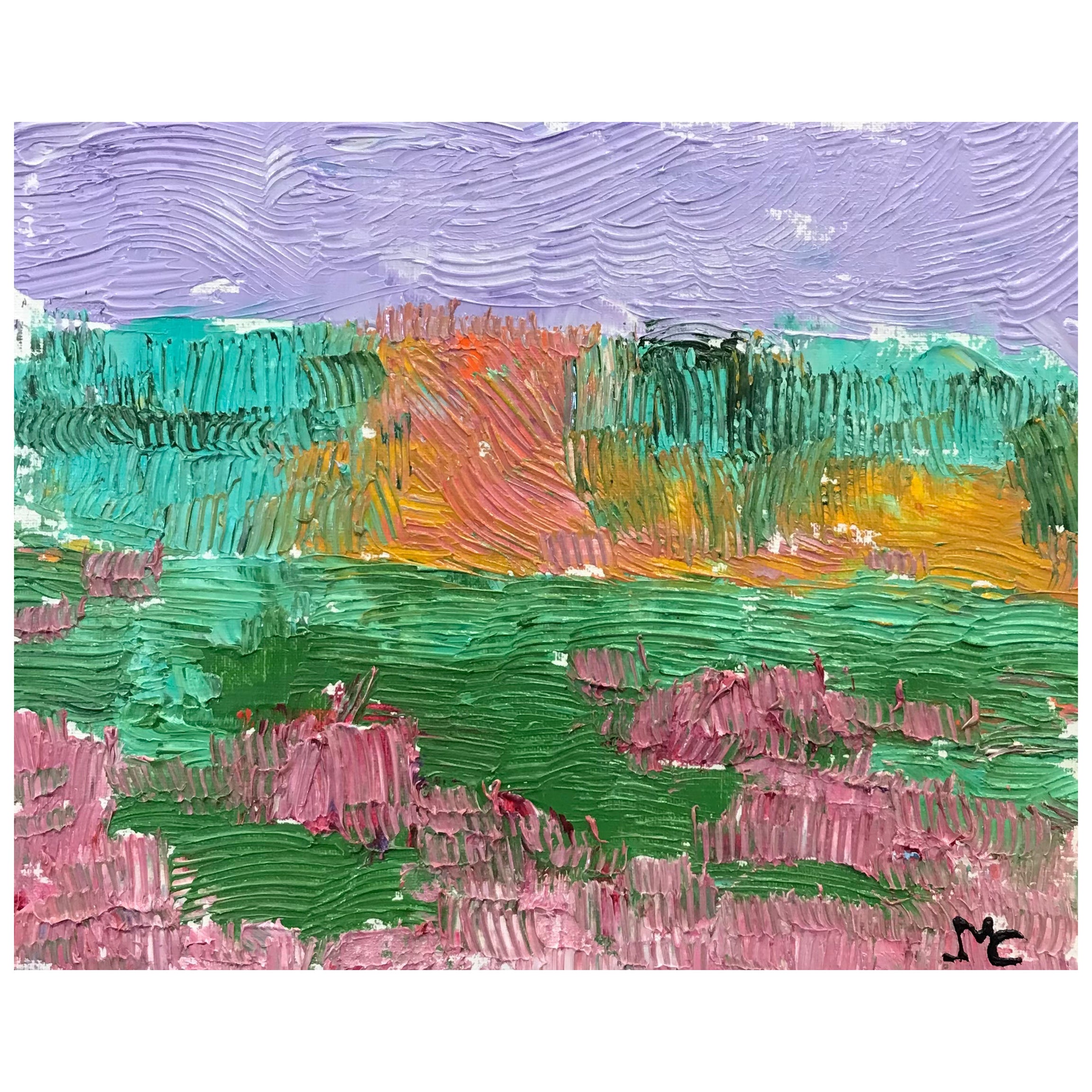 Bright & Colorful French Impressionist Oil Painting, Pink and Green Landscape