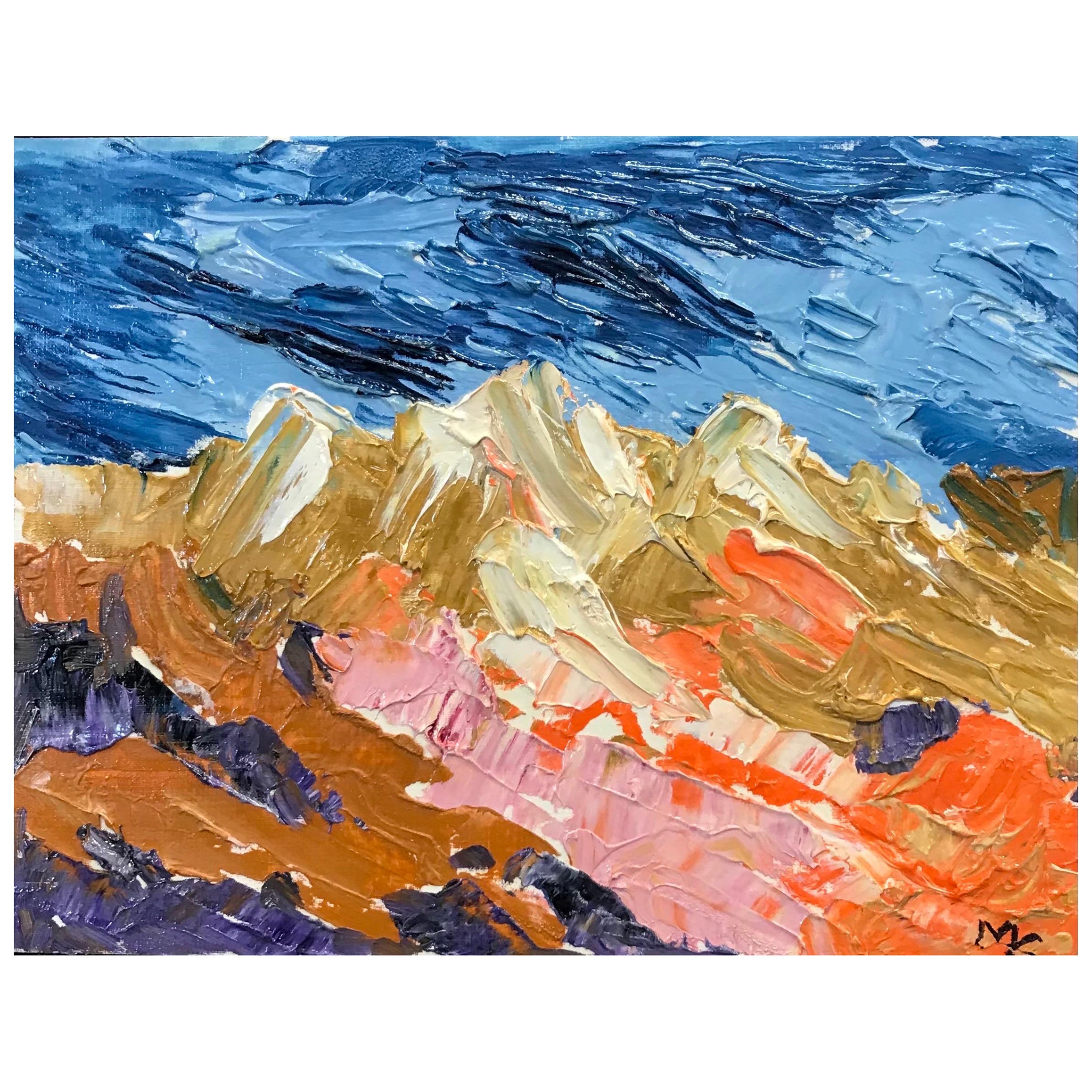 Peinture à l'huile impressionniste française lumineuse et colorée - ciel bleu au-dessus de montagnes