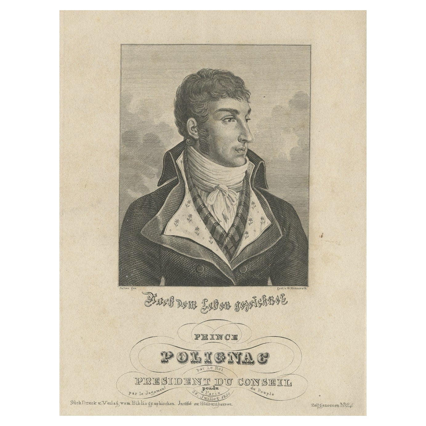 Antique Portrait of Jules de Polignac, a Famous French Politician, c.1830