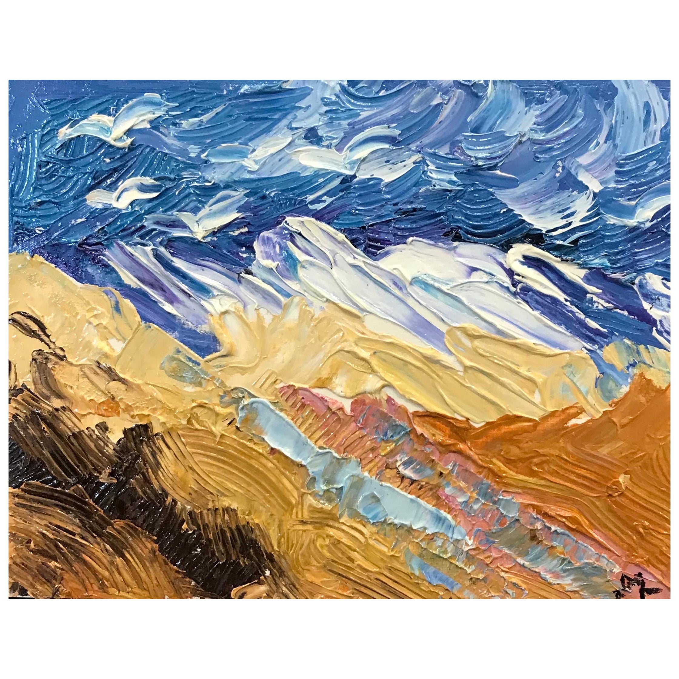 Leuchtend und farbenfrohes französisches impressionistisches Ölgemälde, Möwen über Bergen