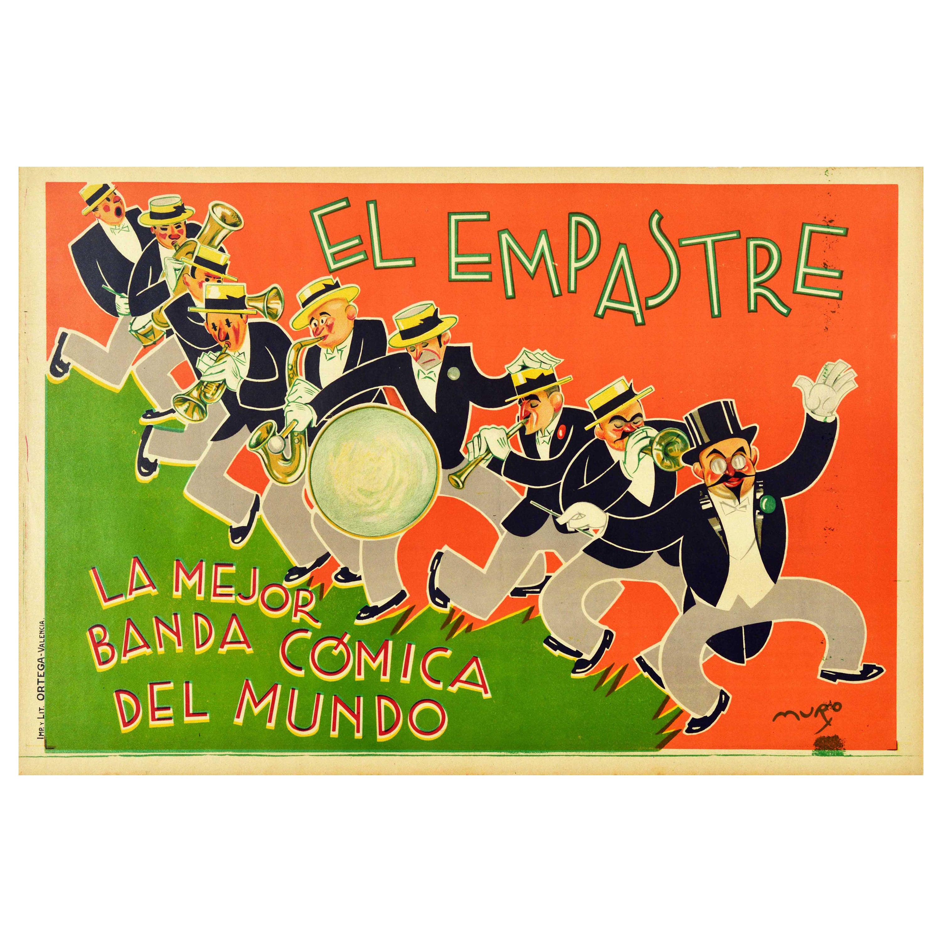 Affiche musicale vintage d'origine El Empastre Jazz Band Tambour Saxophone Trumpet Band
