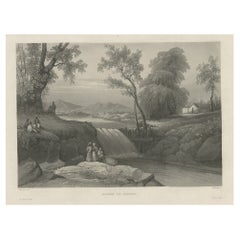 Impression ancienne originale de la rivière Bezouki ou Basuki «Java » en Indonésie, 1835