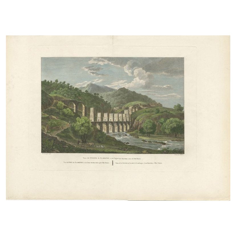Antique Print of the Bridge of Lladenet, Six Leagues From Barcelona, Spain For Sale