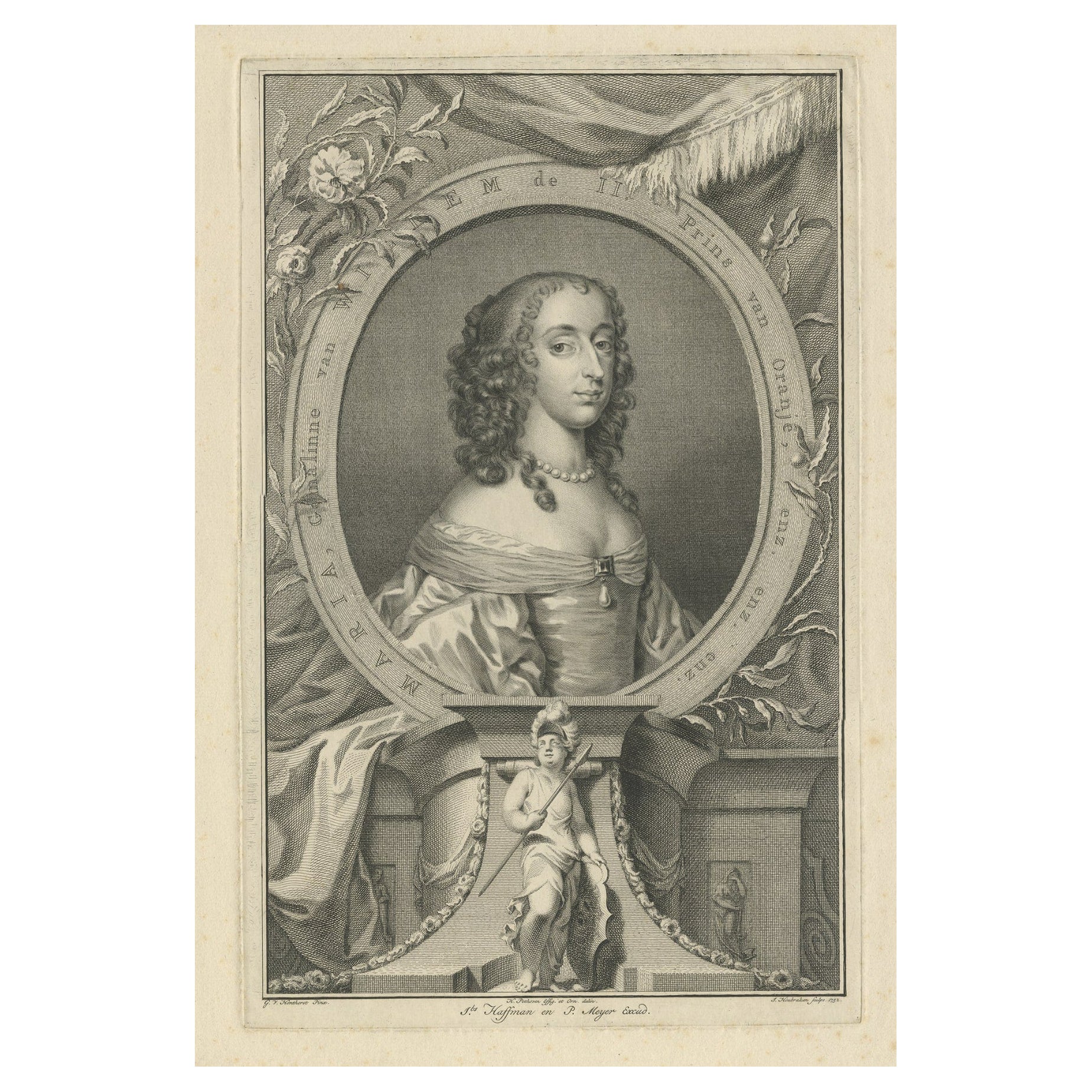 Portrait ancien de la reine Mary Henrietta Stuart, épouse de Willem d'Orange, 1752