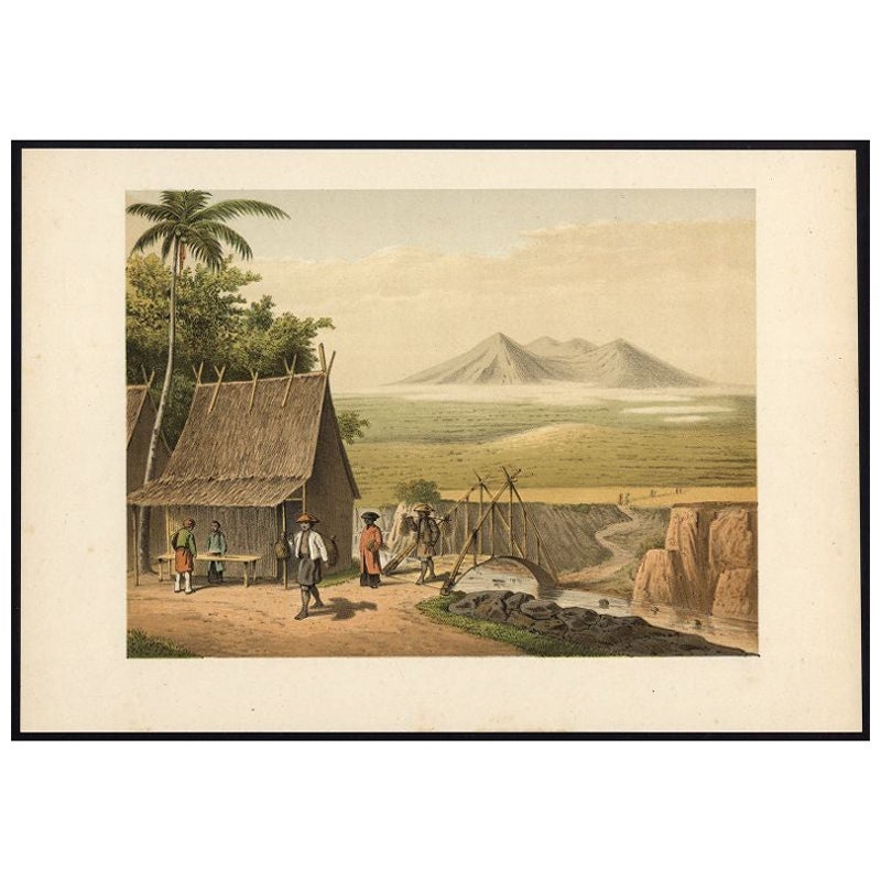 Old Print of the Cipancar River and Pantjar Volcano on Java Island, Indonesia