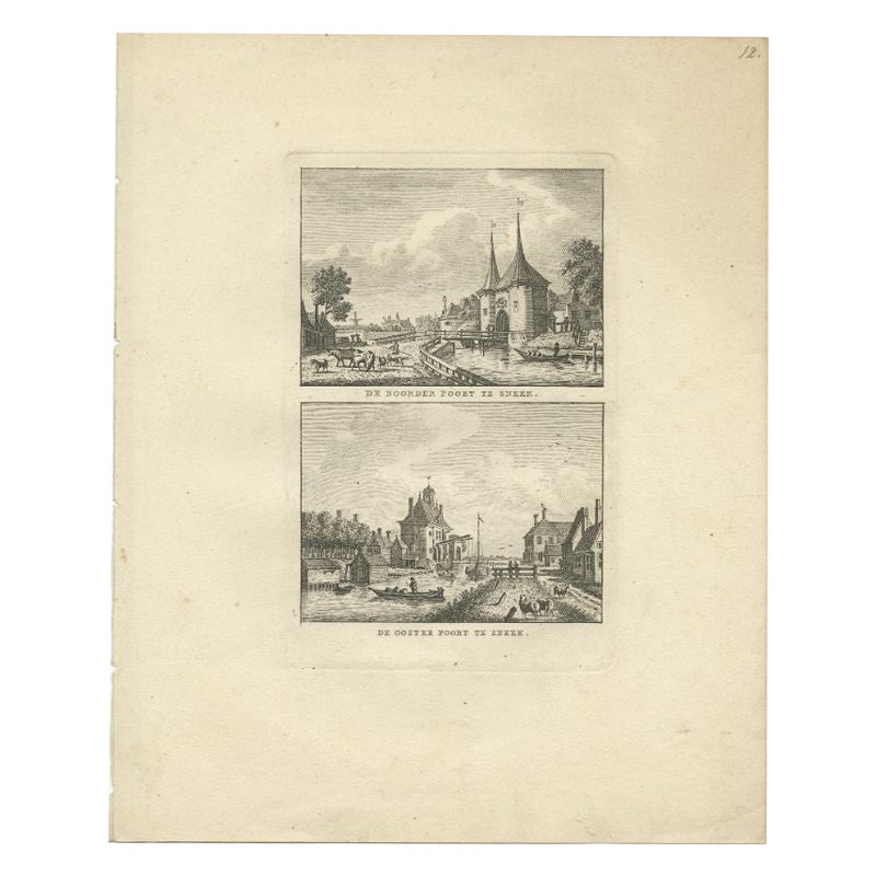 Antique Print of the City Gates of Sneek, City in Friesland, The Netherlands For Sale