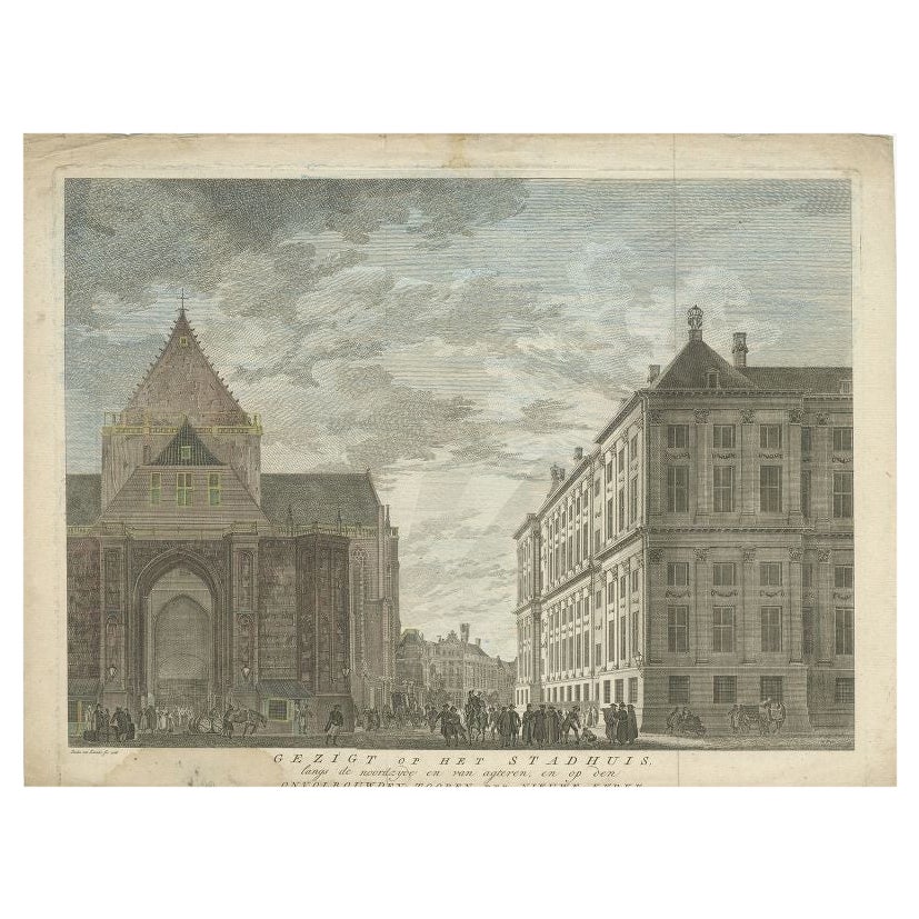 Impression ancienne de l'hôtel de ville et de l'église d'Amsterdam par Tirion, 1766 en vente