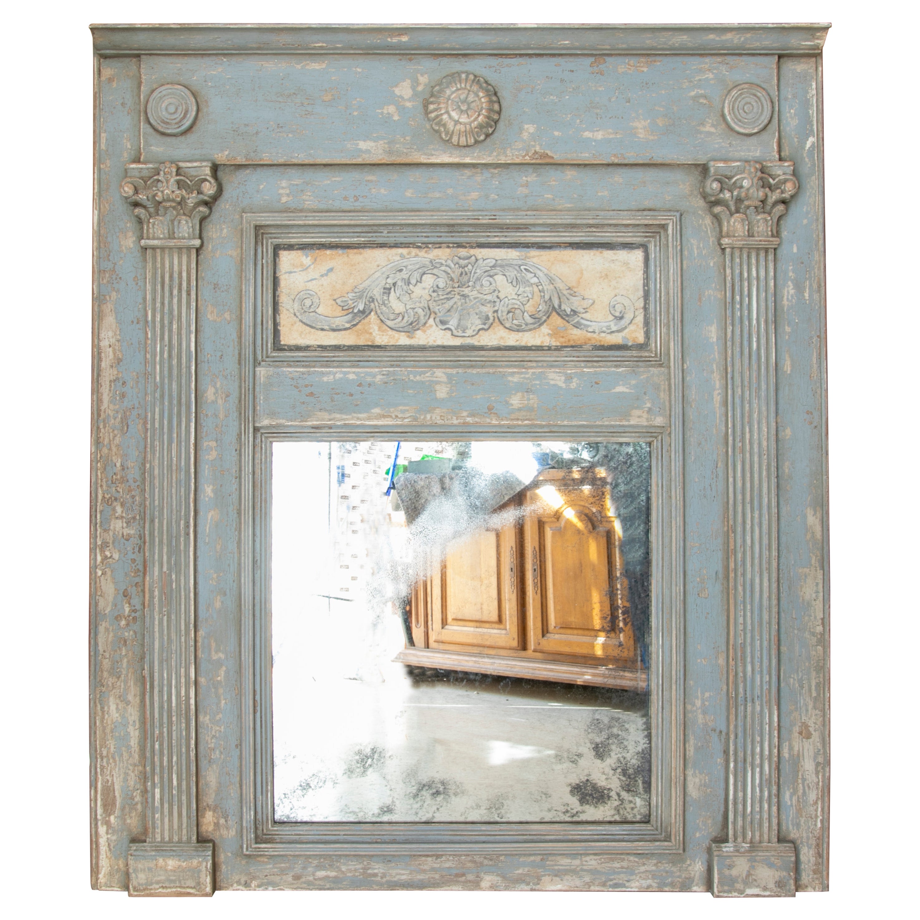 Hand-Carved and Polychromed Wooden Trumeau Wall Mirror For Sale