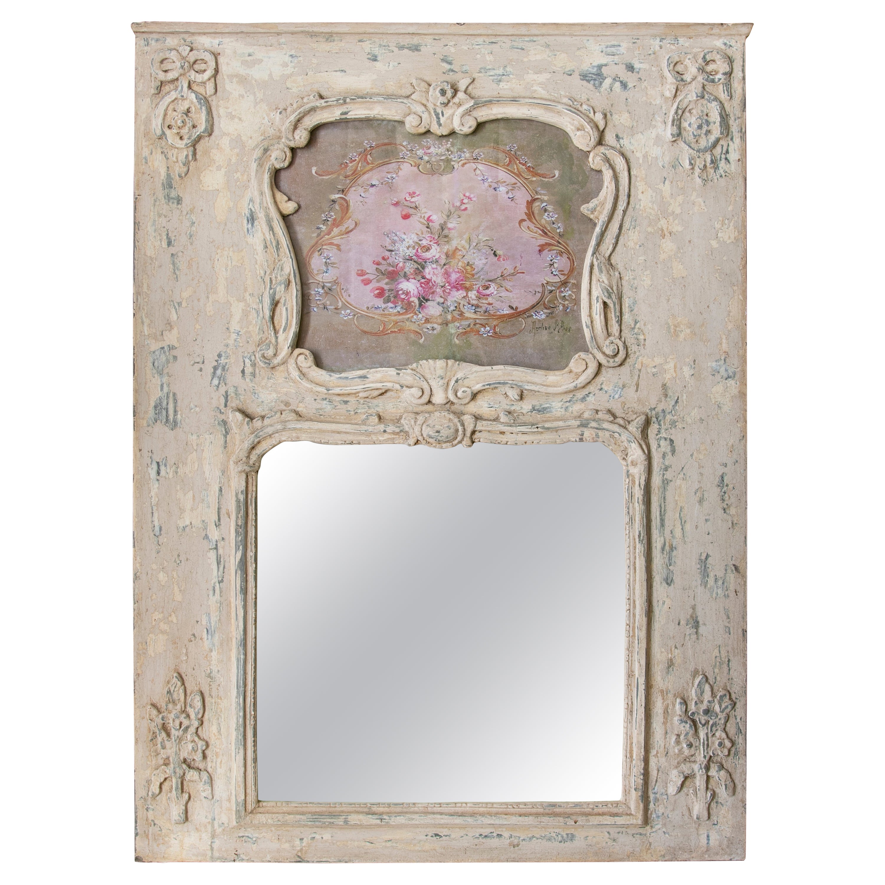 Hand-Carved and Polychromed Wooden Trumeau Wall Mirror
