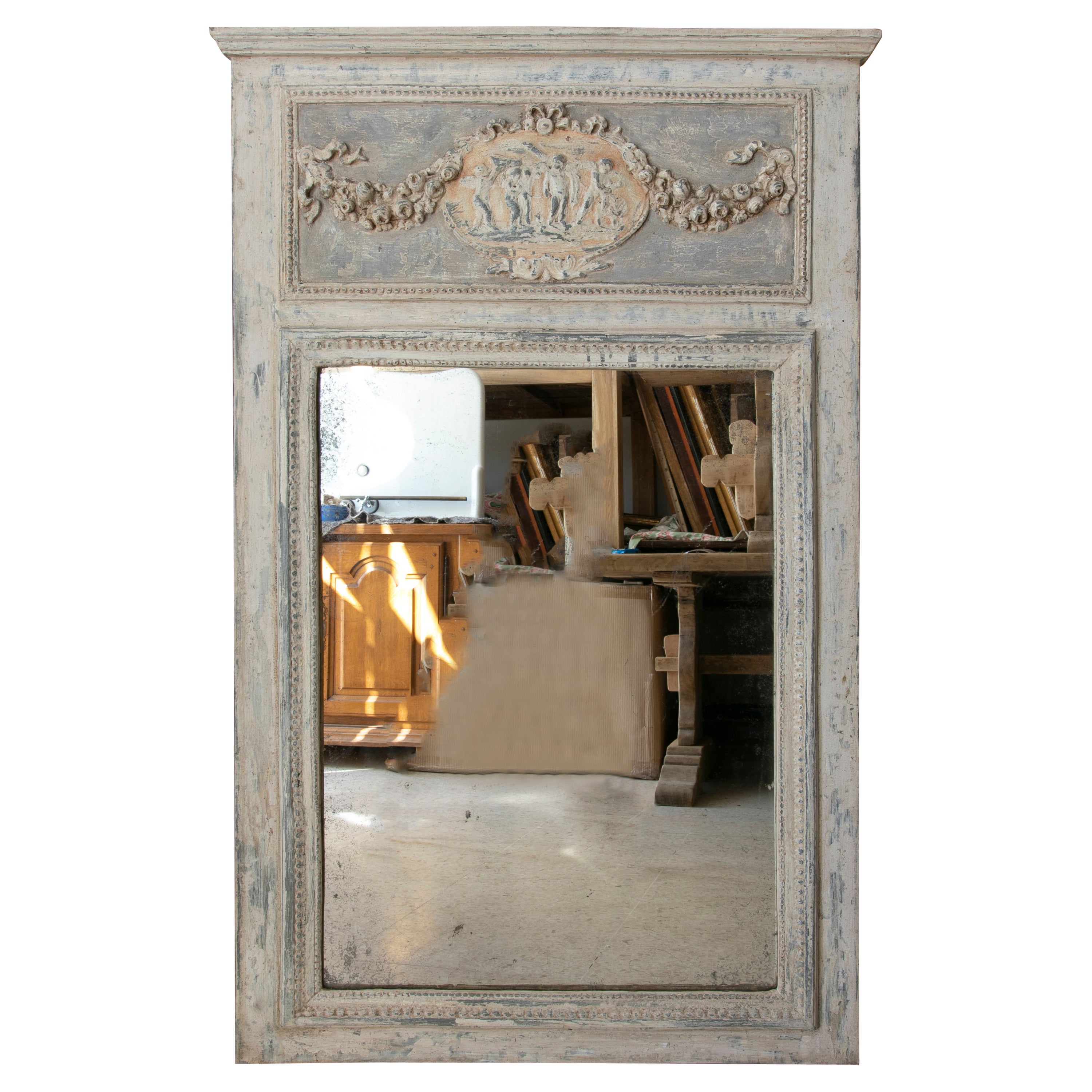 Hand-Carved and Polychromed Wooden Trumeau Wall Mirror For Sale