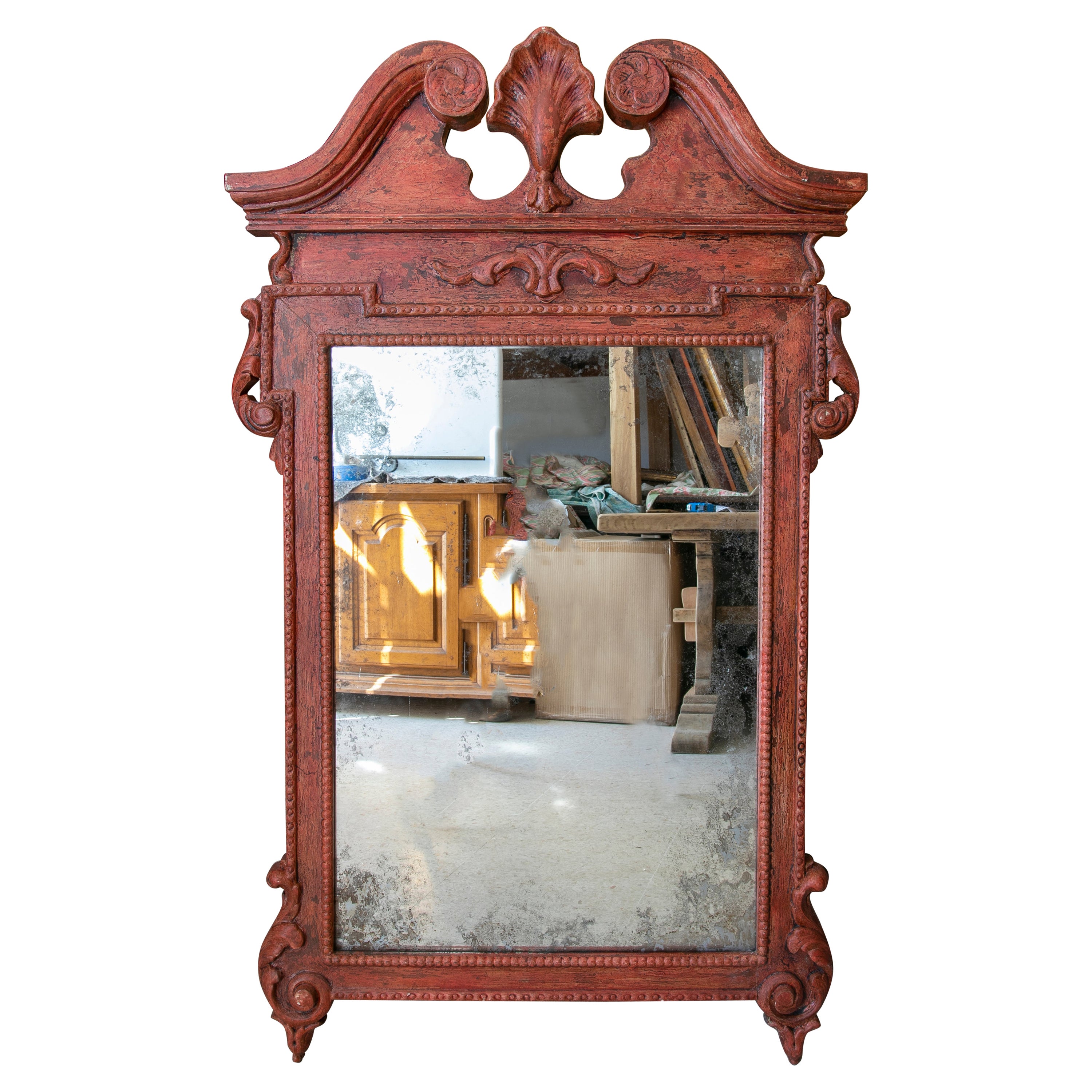 Handmade and Carved Wooden Mirror in Red Colour For Sale