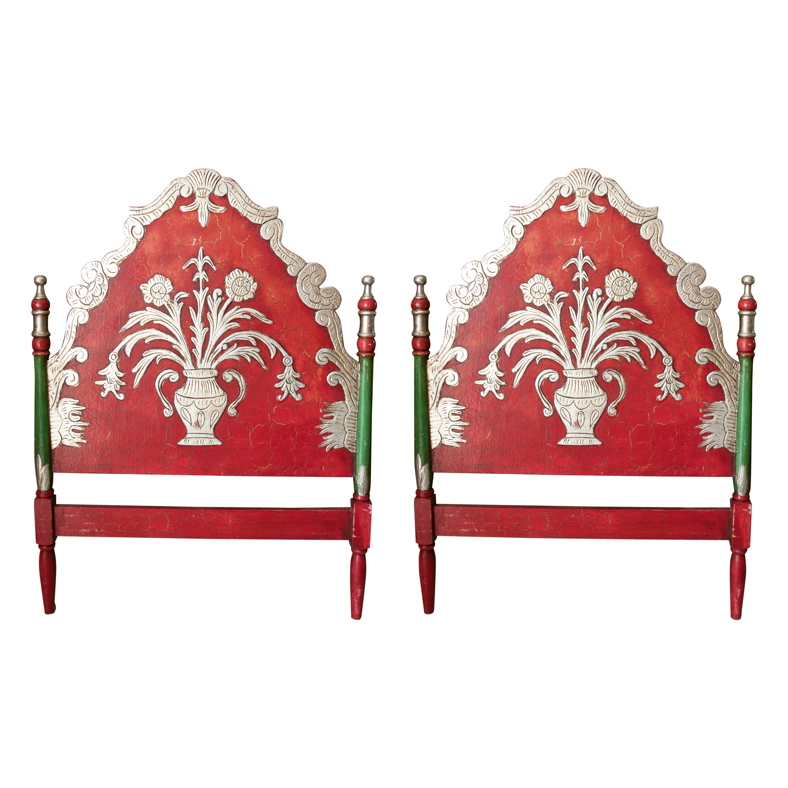 Pair of Hand Carved Wooden Headboards in Red and Silver For Sale