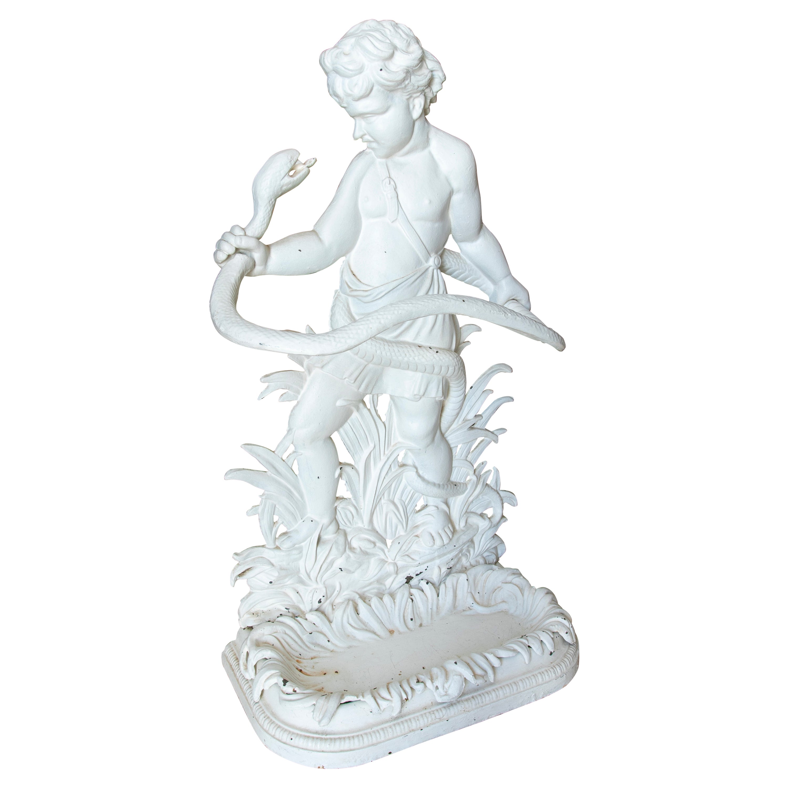 French Iron Umbrella Holder with a Child and a Snake in White For Sale