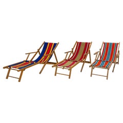 Retro French Set of Folding Deck Chairs Patio Lounger, Chaise Longue, Beech and Fabric