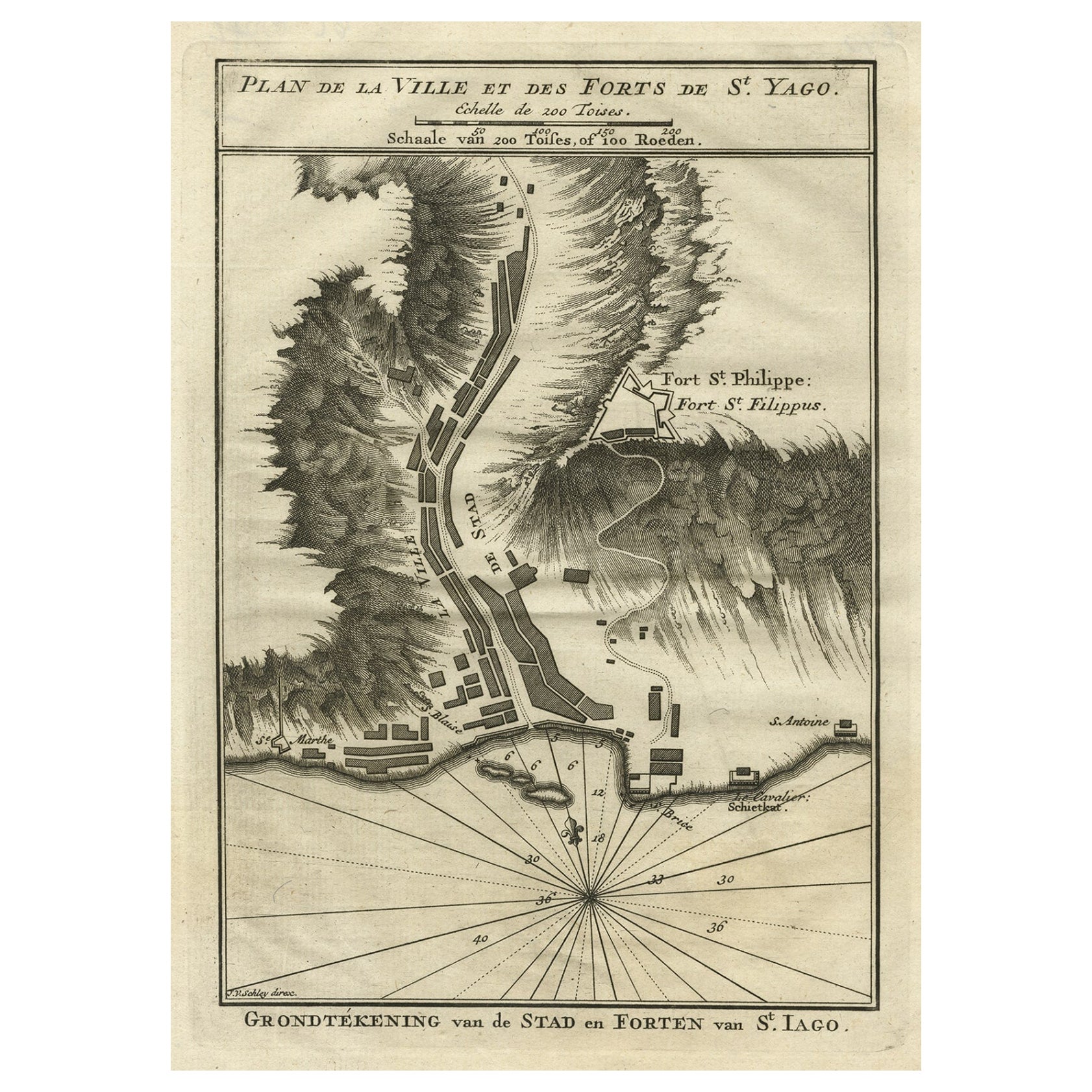 Plan antique des Forts et de la ville de St. Yago dans les îles du Cap Verde, 1747 en vente