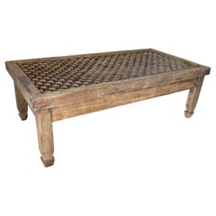 Hand-Carved Wooden Coffee Table with Lattice on Top