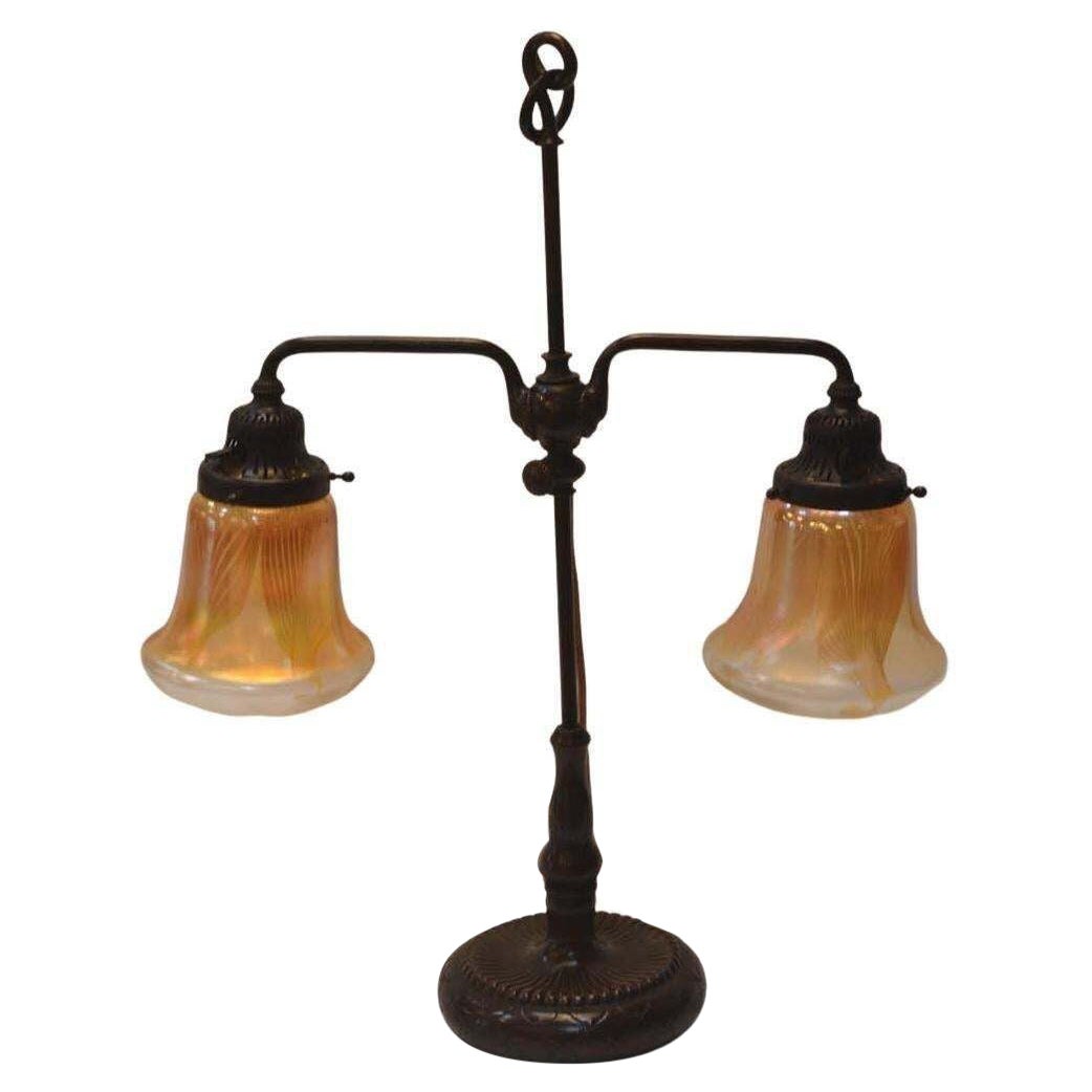 Tiffany Studios Two Light Bronze Favrile Table Lamp For Sale