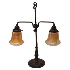 Antique Tiffany Studios Two Light Bronze Favrile Table Lamp