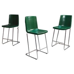 Italian modern chromed metal and green wood high stools, 1980s