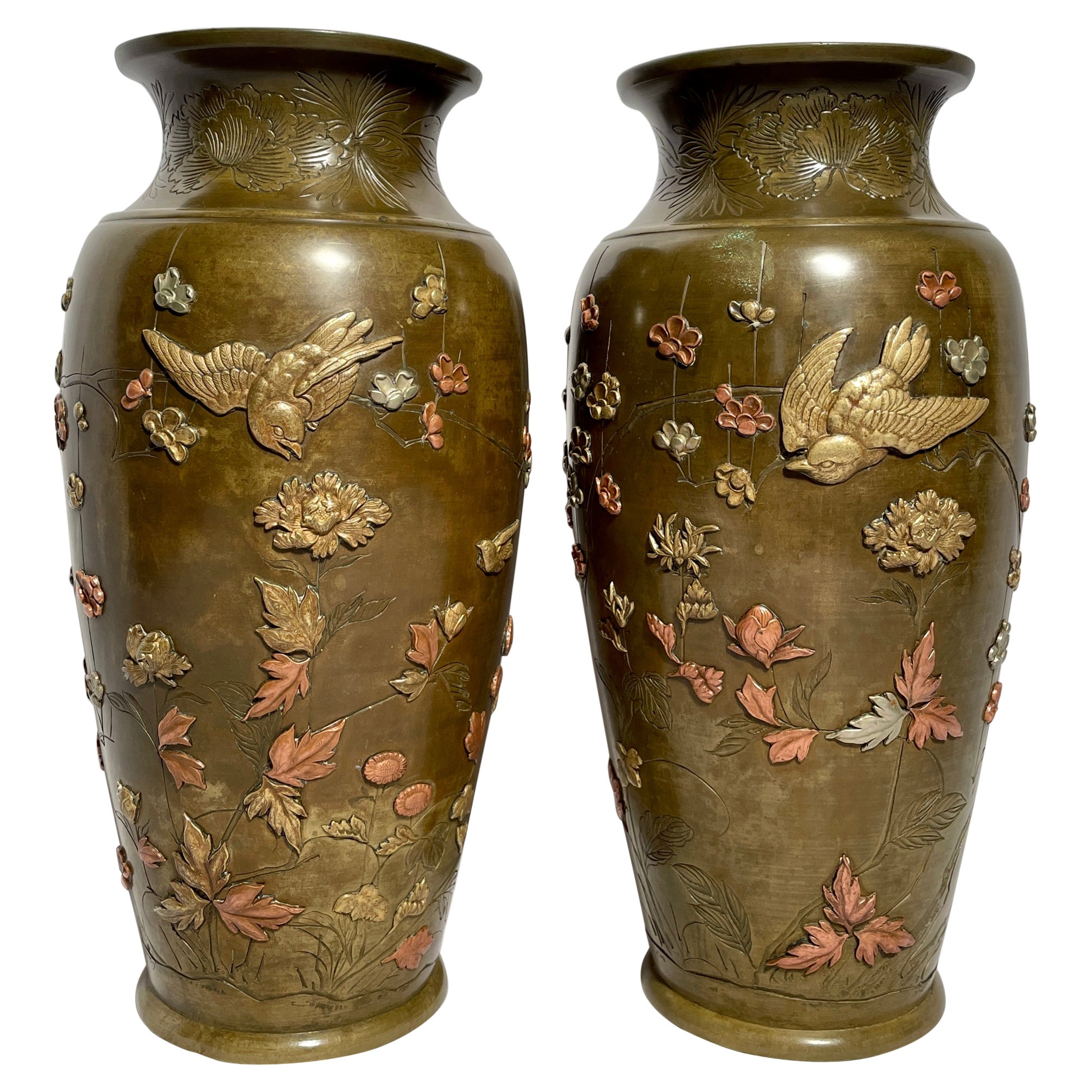Pair Antique Japanese Bronze Vases, circa 1875-1895 For Sale
