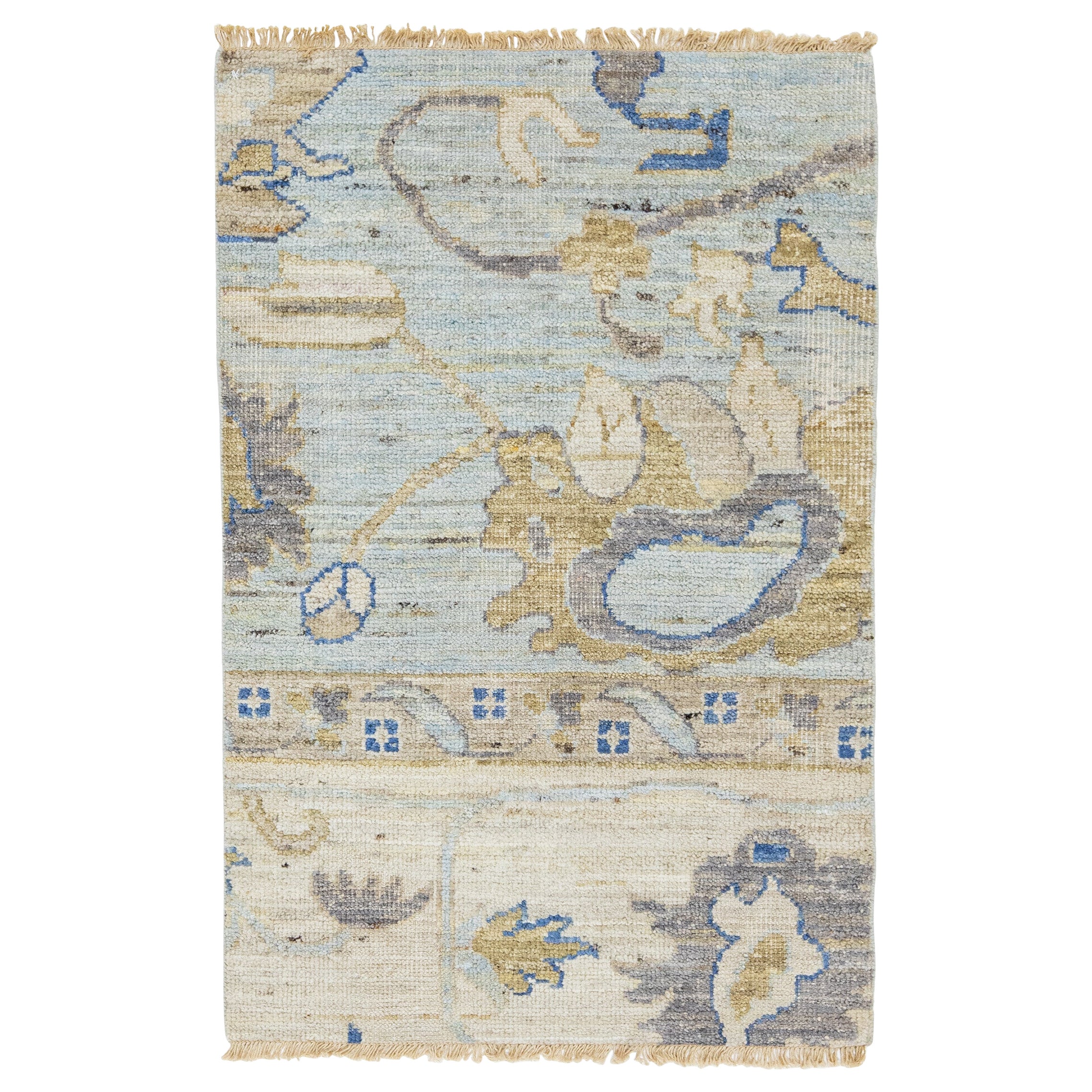 Apadana's Moderner handgefertigter Teppich aus blauer Wolle im Oushak-Stil