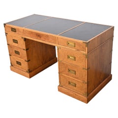Baker Furniture Mid-Century Hollywood Regency Campaign Walnut Leather Top Desk