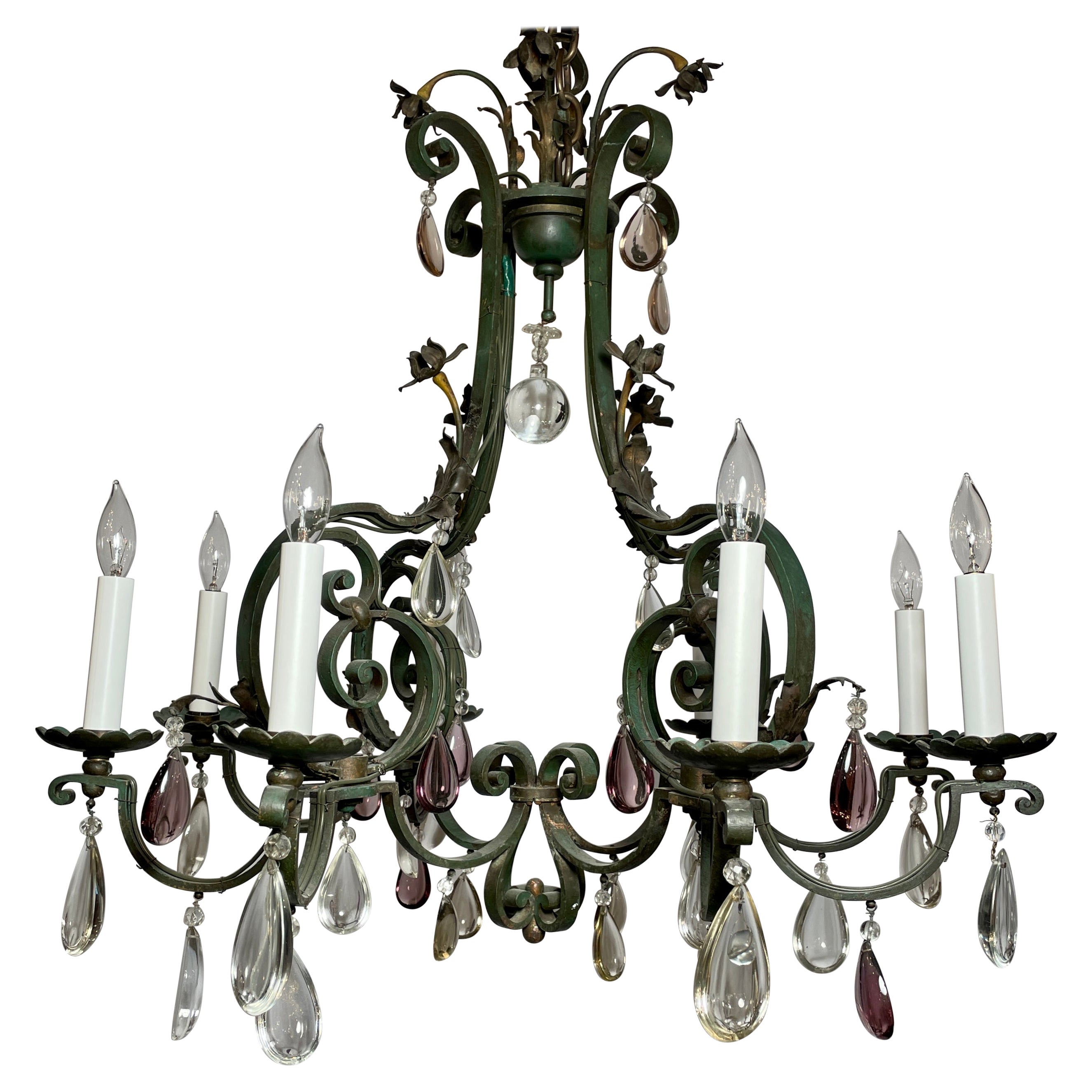 Antique French Wrought Iron & Crystal 8 Light Chandelier, circa 1920 For Sale