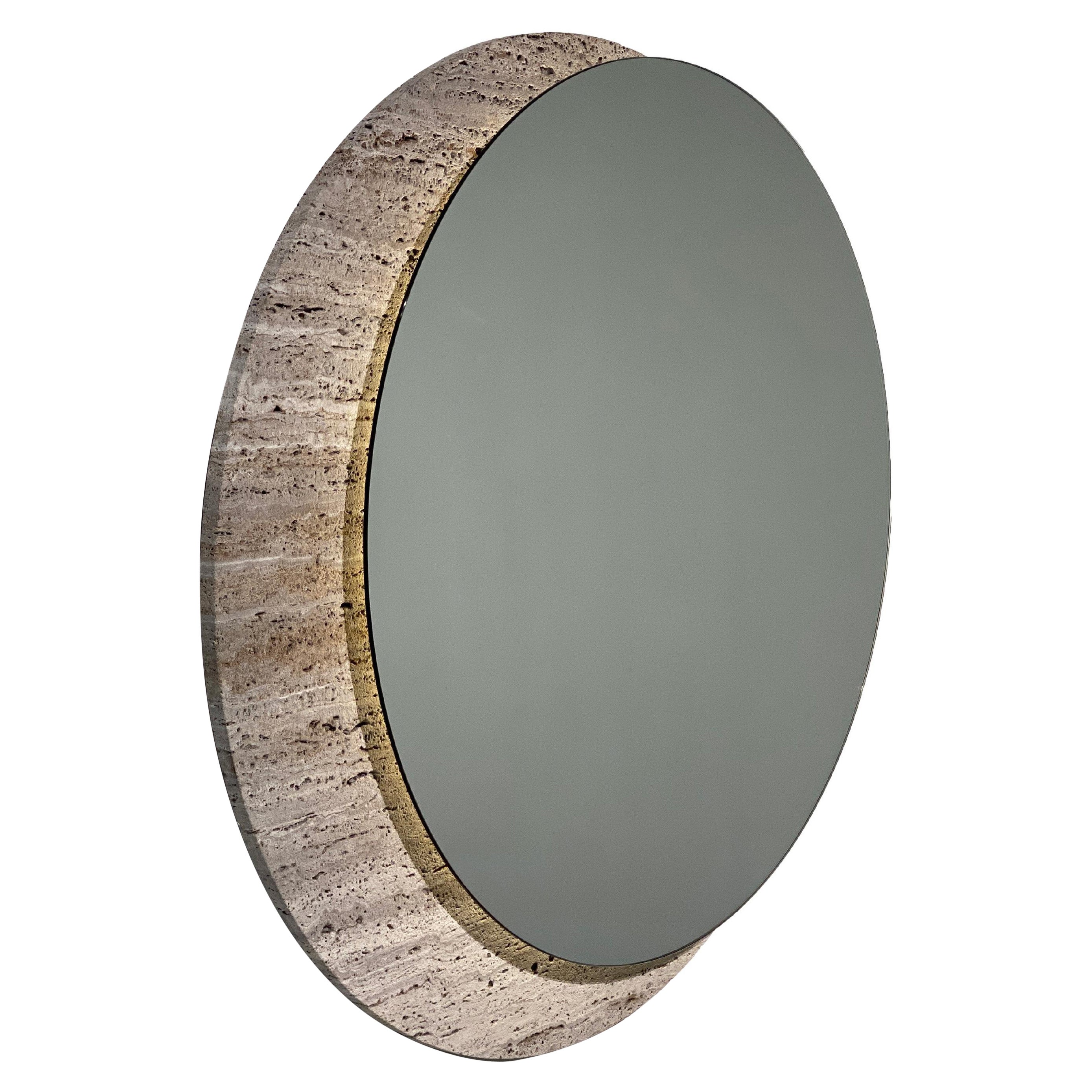 Miroir rond contemporain en travertin titane et miroir avec éclairage LED