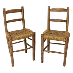 Antique Two French Side Chairs Rush Seats Country Style, Brutalist 19th Century