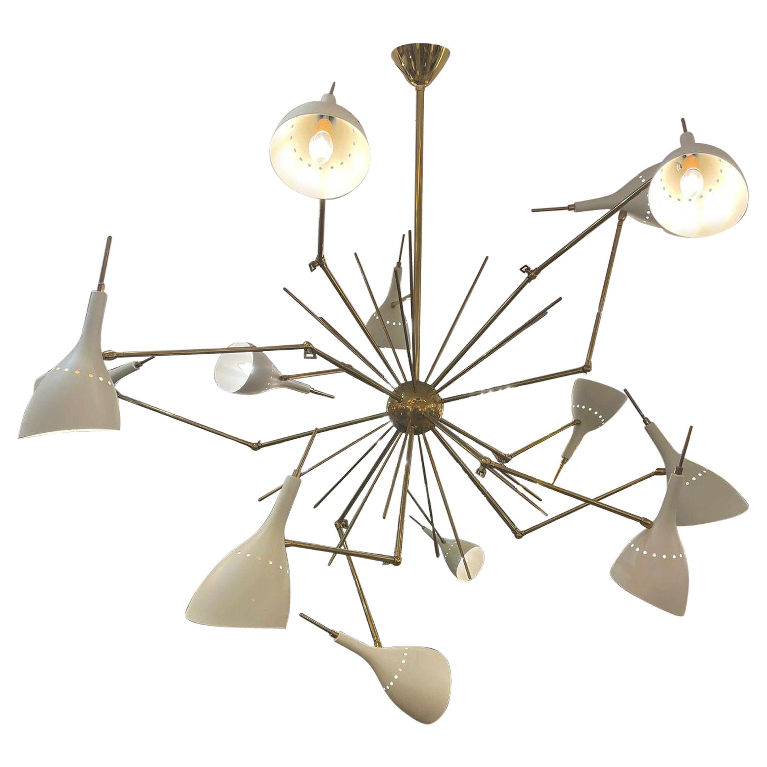 Brass Chandelier "Spider" with 12 Ivory Shades, Italy 1970s For Sale