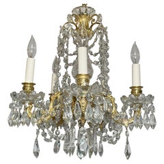 Antique French Gold Bronze & Cut Crystal Petite 5 Light Chandelier, Circa 1920s
