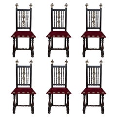 Ensemble de six chaises espagnoles du 19ème siècle avec détails en bronze et tissu d'ameublement en velours rouge