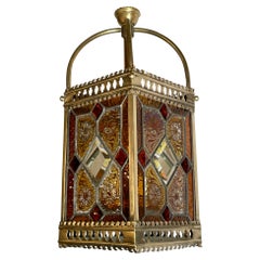 Antique English Brass Lantern with Stained-Glass, Circa 1890-1910