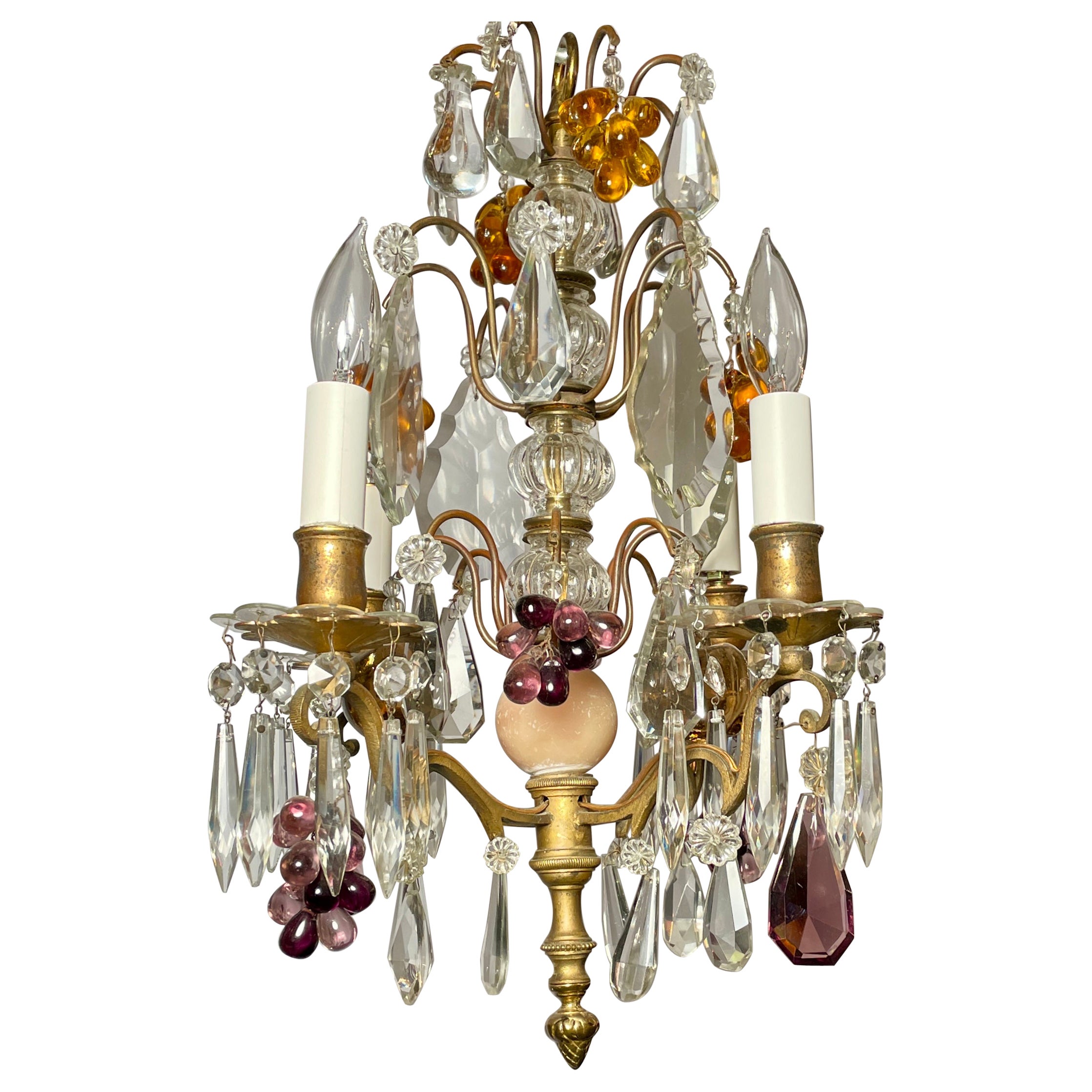 Antique French Baccarat Crystal & Gold Bronze Petite 4 Light Chandelier, Ca 1900