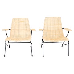 Pair of Outdoor Mexican Iron and Cane Loung Chairs