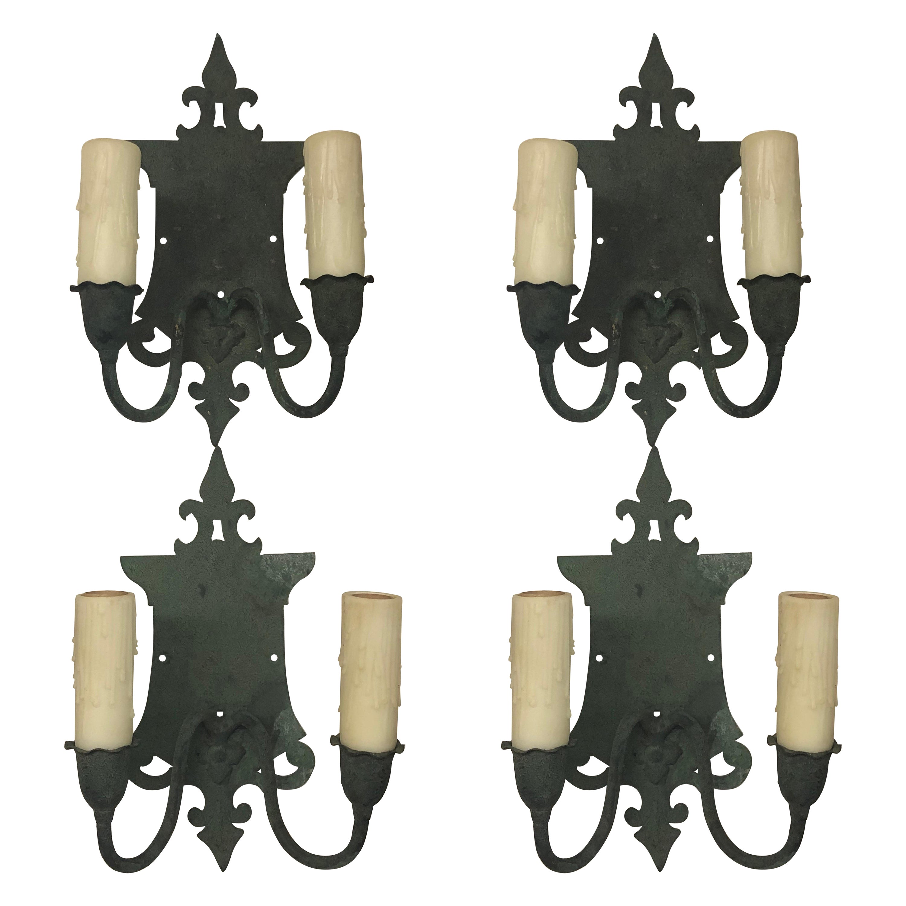 Four English Arts & Crafts Verde Brass Sconces, Early 20th Century For Sale