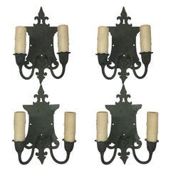 Four English Arts & Crafts Verde Brass Sconces, Early 20th Century