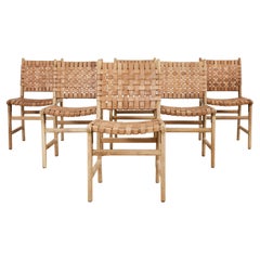 Set of Six Teak and Woven Leather Strap Dining Chairs