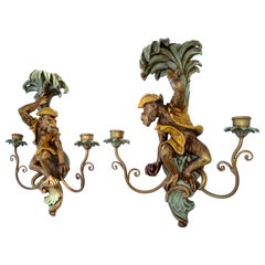 Pair, French 2 Arm Carved Wood & Brass Monkey Mirror Image Sconces Wall Lamps