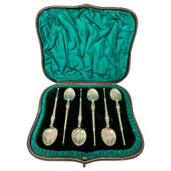 Set of 6 Antique English Boxed Sterling Silver w/ Gold Demitasse Spoons, Ca 1915