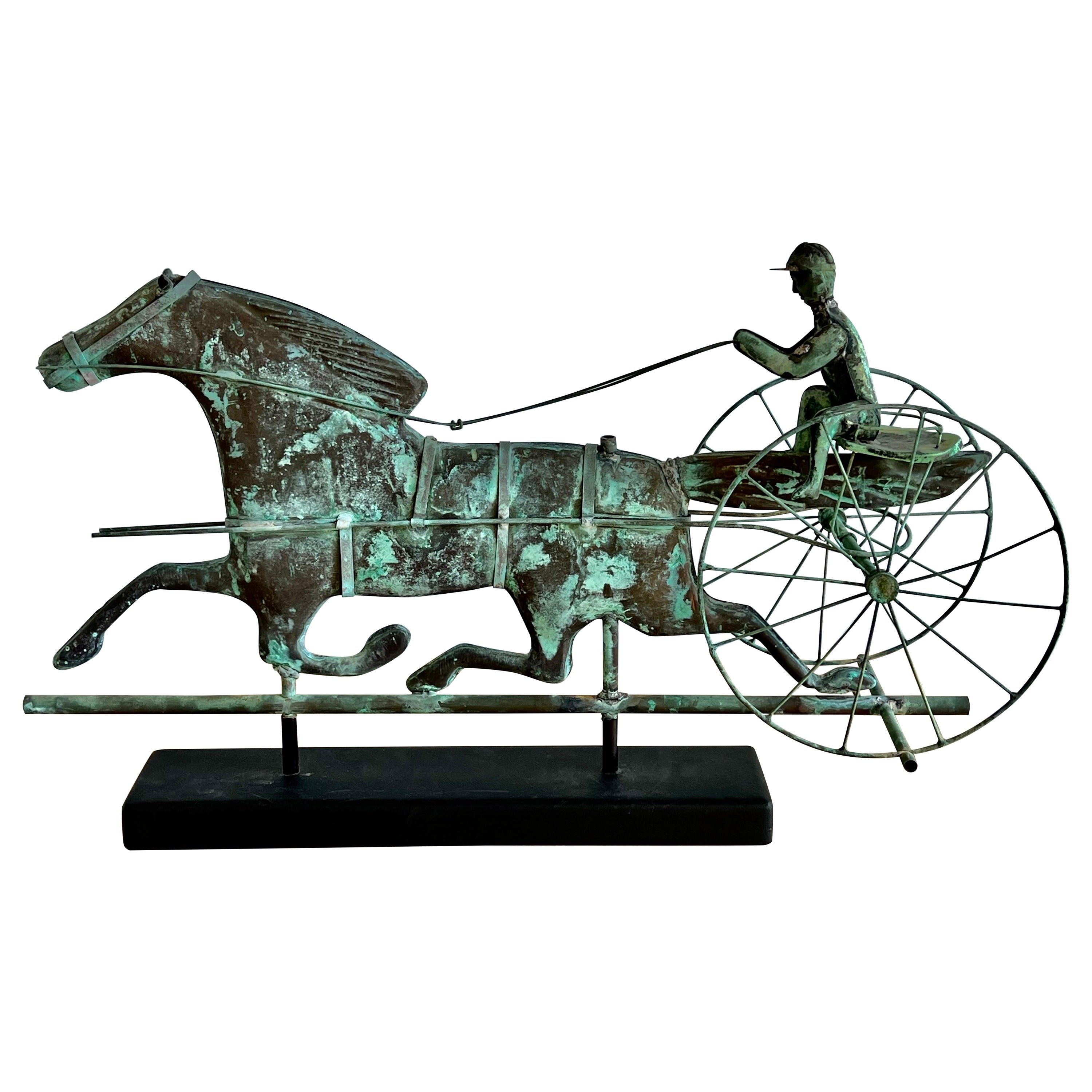 19th C. Horse & Rider Copper Weathervane on Wood Base