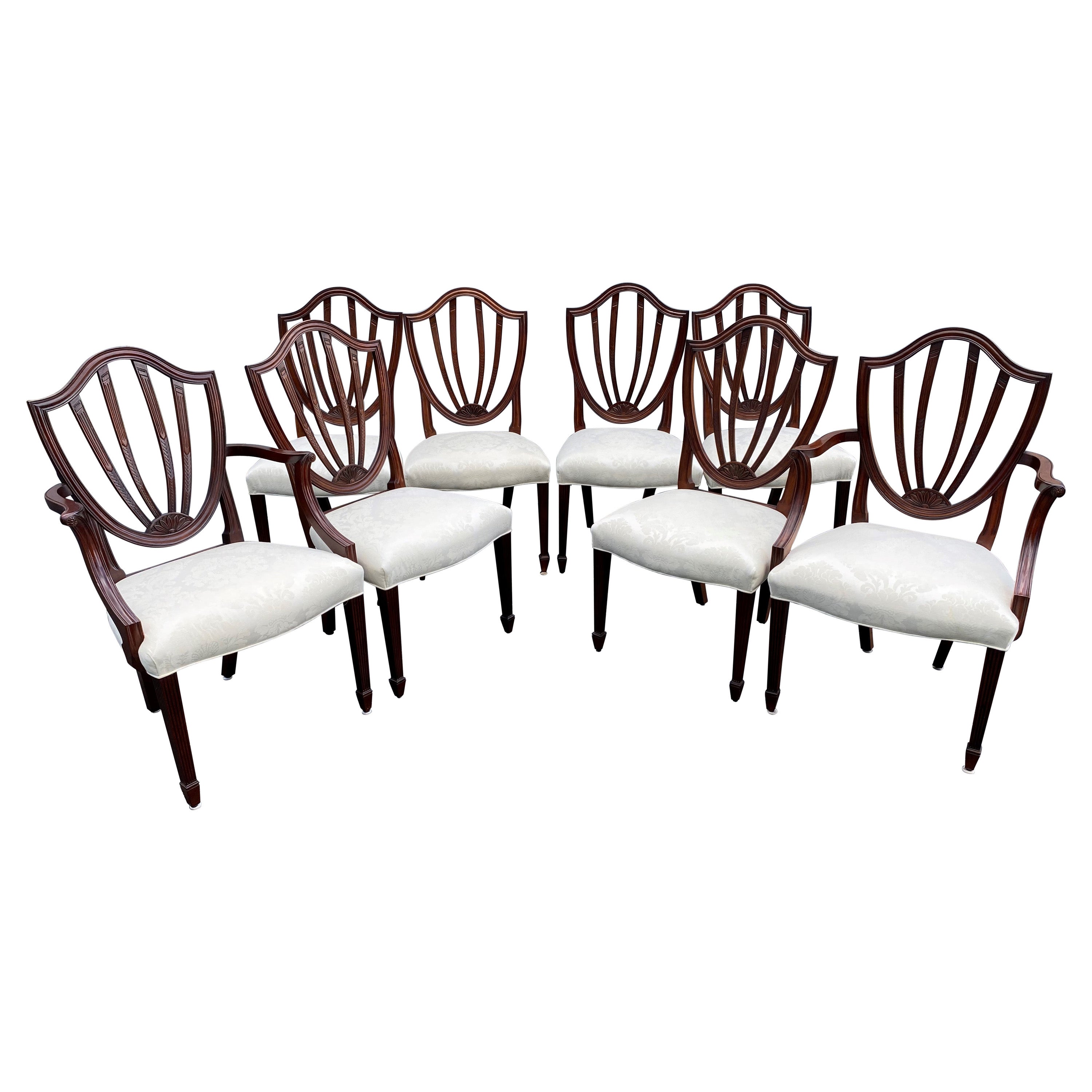 Set of Eight Baker Mahogany Shield Back Dining Chairs with Damask Upholstery