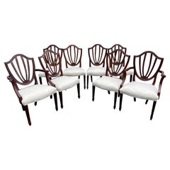 Set of Eight Baker Mahogany Shield Back Dining Chairs with Damask Upholstery