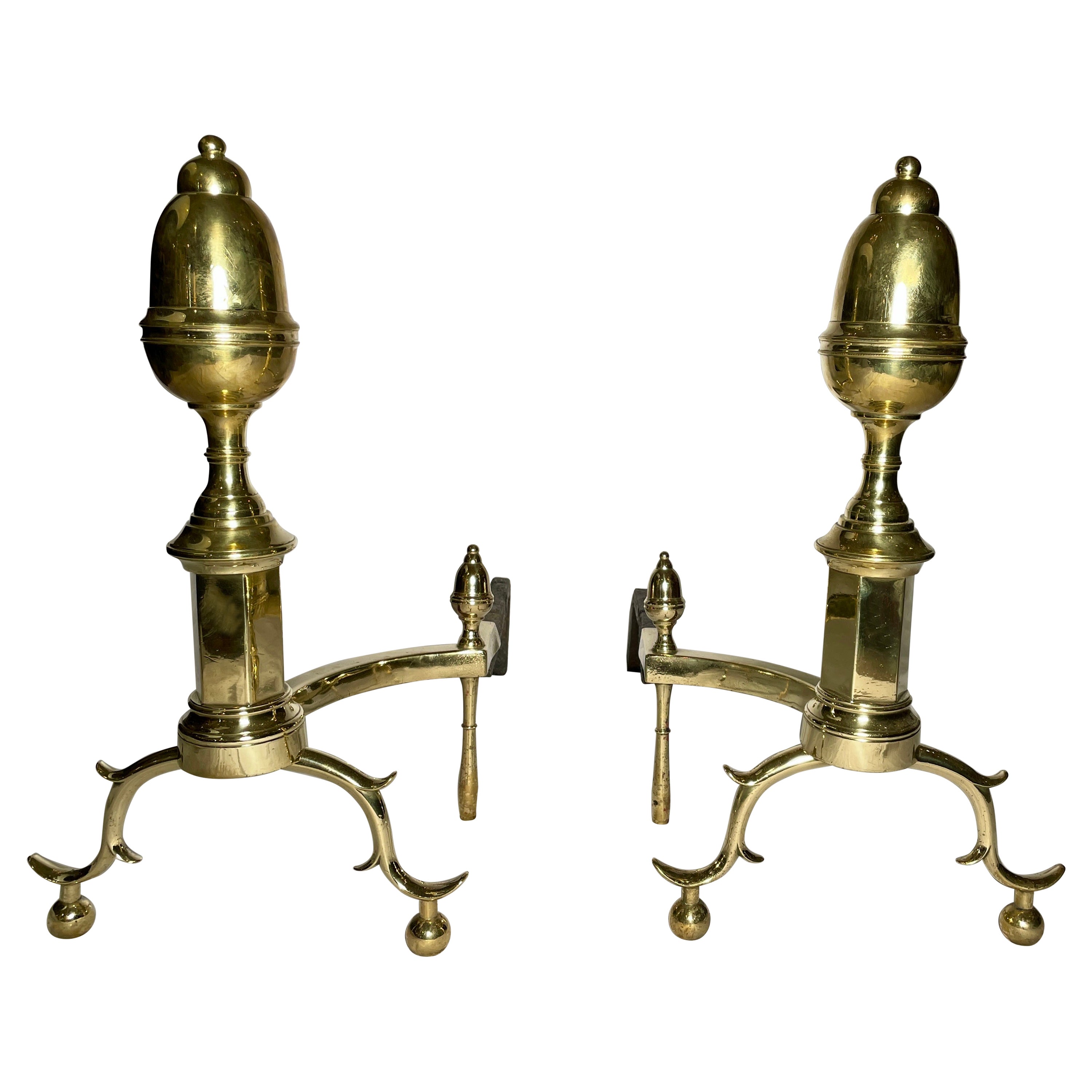 Pair Antique English Victorian Brass Andirons, Circa 1880