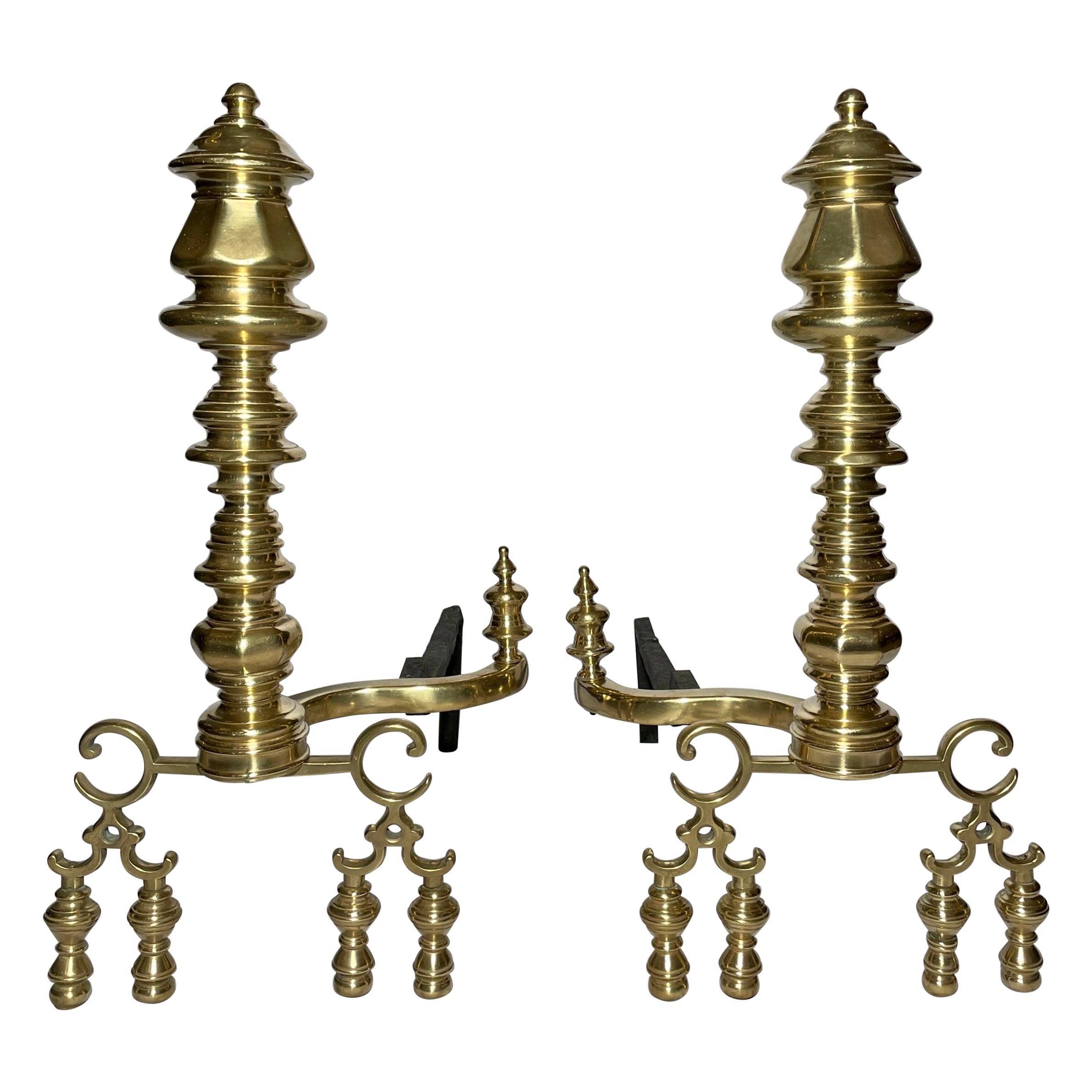 Antique English Polished Brass Fireplace Andirons, circa 1860 For Sale