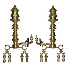 Antique English Polished Brass Fireplace Andirons, circa 1860