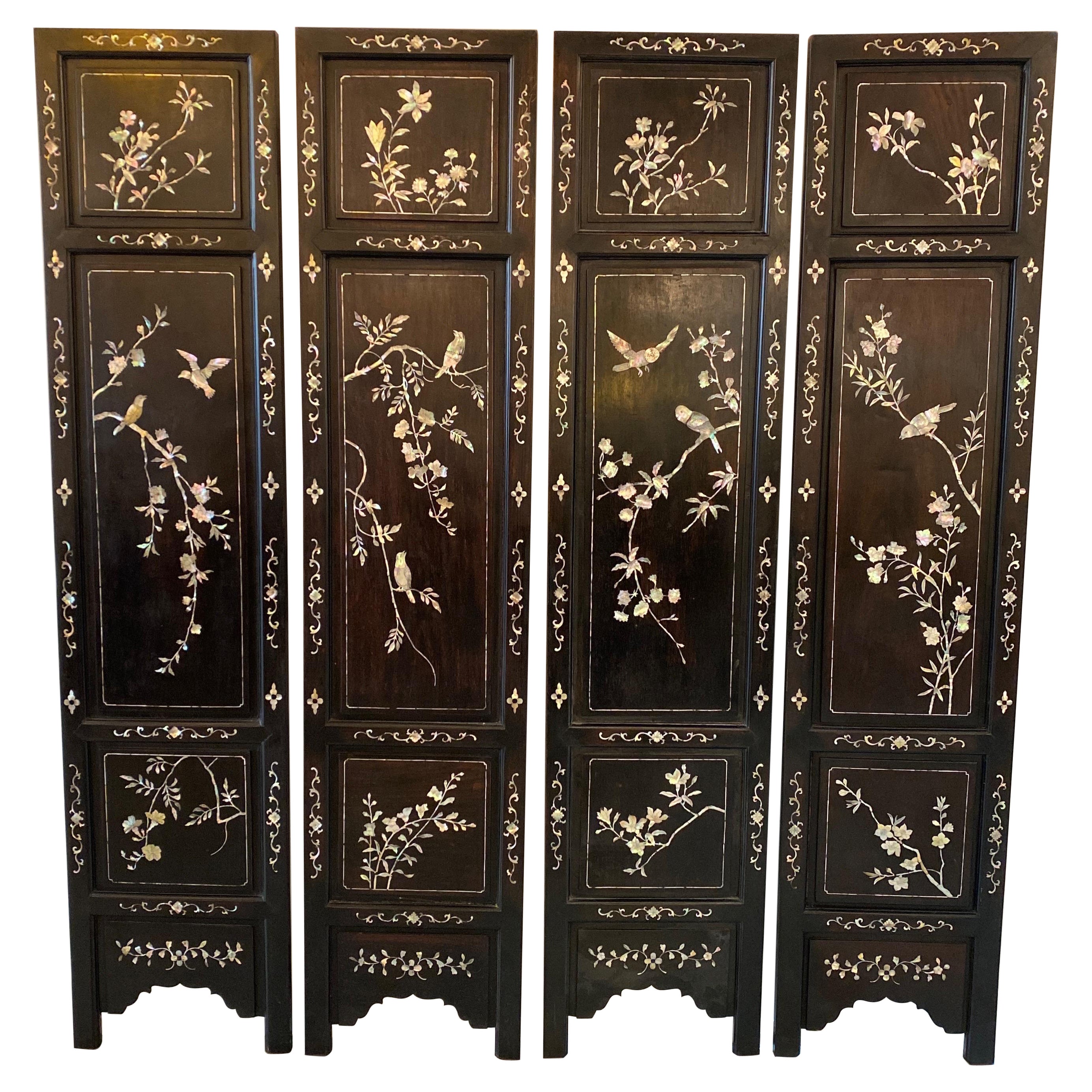 Four Chinese Hardwood and Mother of Pearl Inlaid Panels
