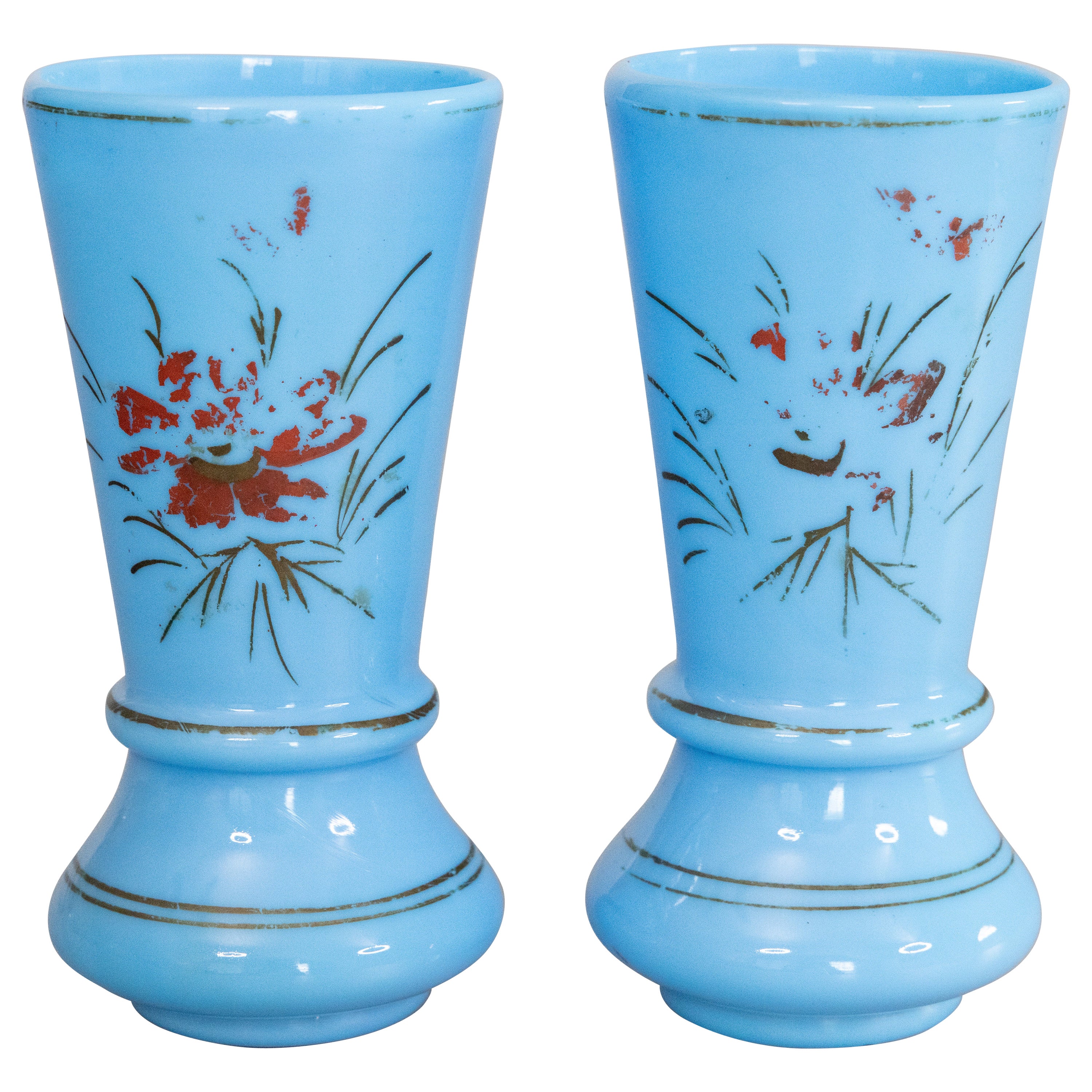 Pair of 19th Century French Blue Opaline Vases For Sale