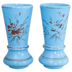 Antique Pair of 19th Century French Blue Opaline Vases